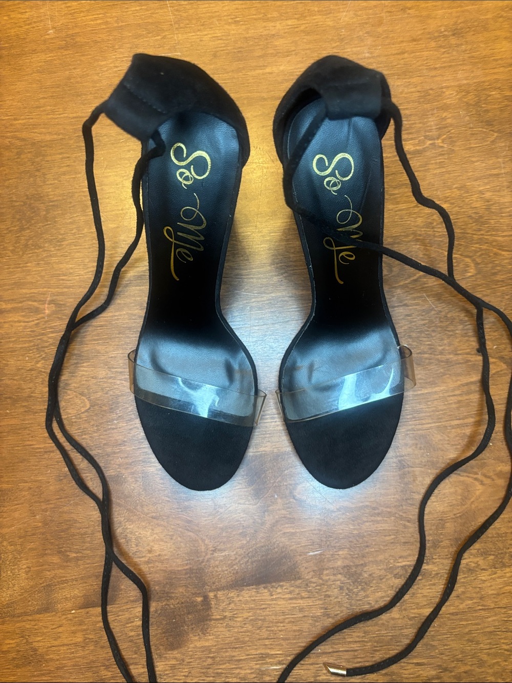 So Me Black Lace-Up Heels with Clear Toe Band